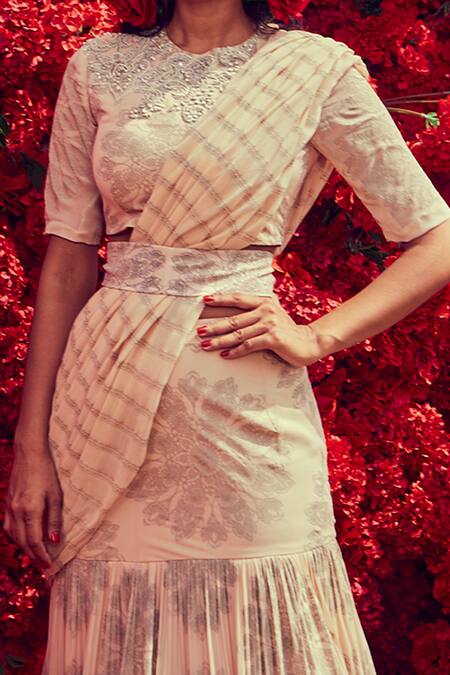 Shop_Bhumika Sharma_Beige Georgette, Shantoon And Net Tara Print & Pre-stitched Saree With Blouse_Online_at_Aza_Fashions