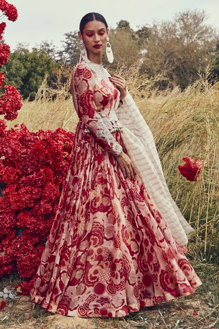 Bhumika Sharma_Red Organza, Shantoon And Crepe Satin Pearl, Bahaar Print, Anarkali With Dupatta_Online_at_Aza_Fashions