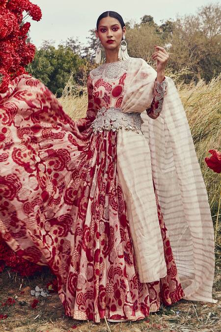 Buy_Bhumika Sharma_Red Organza, Shantoon And Crepe Satin Pearl, Bahaar Print, Anarkali With Dupatta_Online_at_Aza_Fashions