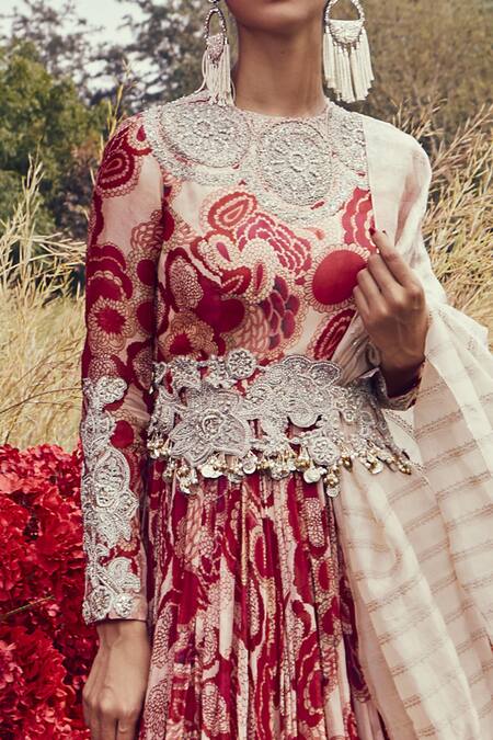 Shop_Bhumika Sharma_Red Organza, Shantoon And Crepe Satin Pearl, Bahaar Print, Anarkali With Dupatta_Online_at_Aza_Fashions