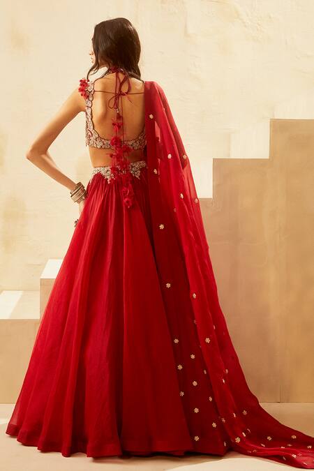 Shop_Bhumika Sharma_Red Organza, Net Sweetheart Neck Bridal Lehenga Set_at_Aza_Fashions