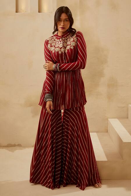 Bhumika Sharma_Red Georgette Round Peplum Tunic And Sharara Pant Set_Online_at_Aza_Fashions