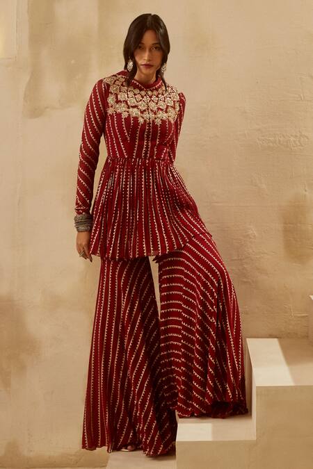 Buy_Bhumika Sharma_Red Georgette Round Peplum Tunic And Sharara Pant Set_Online_at_Aza_Fashions