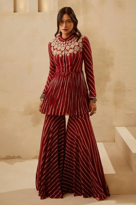 Shop_Bhumika Sharma_Red Georgette Round Peplum Tunic And Sharara Pant Set_Online_at_Aza_Fashions