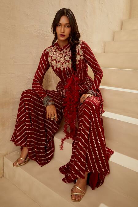 Bhumika Sharma_Red Georgette Round Peplum Tunic And Sharara Pant Set_at_Aza_Fashions