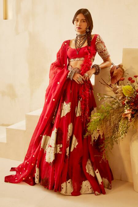 Bhumika Sharma_Red Raw Silk, Organza U Neck Bridal Lehenga Set_Online_at_Aza_Fashions