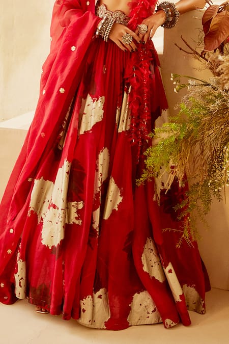 Shop_Bhumika Sharma_Red Raw Silk, Organza U Neck Bridal Lehenga Set_Online_at_Aza_Fashions