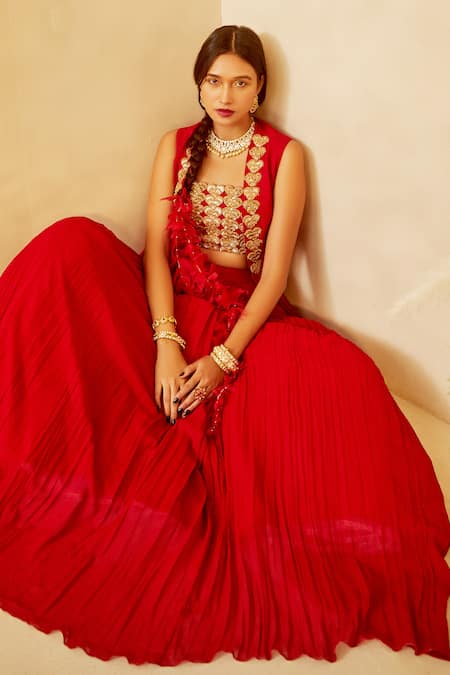Bhumika Sharma_Red Georgette Embroidered Cape And Skirt Set_Online_at_Aza_Fashions