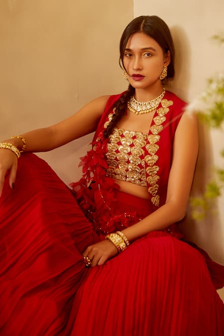 Buy_Bhumika Sharma_Red Georgette Embroidered Cape And Skirt Set_Online_at_Aza_Fashions