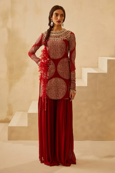 Bhumika Sharma Red Georgette Round Printed Kurta And Pant Set 