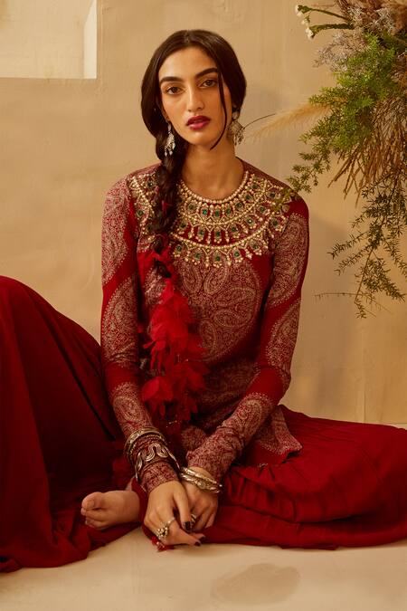 Buy_Bhumika Sharma_Red Georgette Round Printed Kurta And Pant Set_Online_at_Aza_Fashions