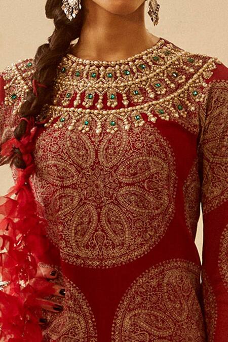 Bhumika Sharma_Red Georgette Round Printed Kurta And Pant Set_at_Aza_Fashions