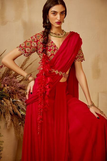 Buy_Bhumika Sharma_Red Chiffon, Georgette V Neck Pre-stitched Saree With Blouse_Online_at_Aza_Fashions