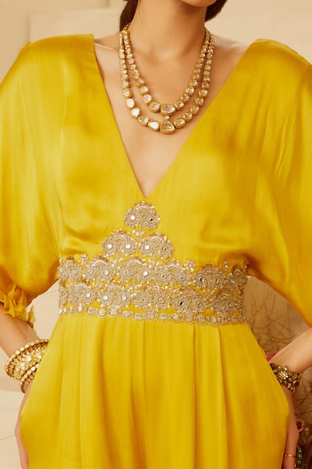 Shop_Bhumika Sharma_Yellow Crepe Satin, Shantoon Net Floral, Mirror Work, Kimono Sleeve Jumpsuit_at_Aza_Fashions