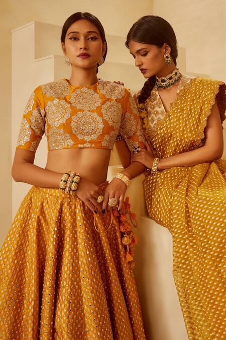 Bhumika Sharma_Yellow Raw Silk, Organza, Shantoon Floral, Mirror Embroidered Bridal Lehenga Set_Online_at_Aza_Fashions