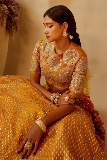 Buy_Bhumika Sharma_Yellow Raw Silk, Organza, Shantoon Floral, Mirror Embroidered Bridal Lehenga Set_Online_at_Aza_Fashions