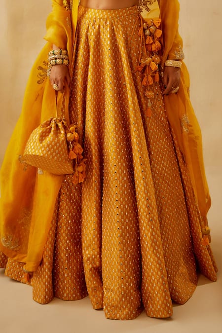 Shop_Bhumika Sharma_Yellow Raw Silk, Organza, Shantoon Floral, Mirror Embroidered Bridal Lehenga Set_Online_at_Aza_Fashions