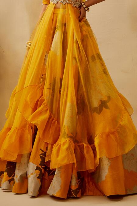 Bhumika Sharma_Yellow Raw Silk, Organza, Shantoon Floral, Mirror Embroidered Blouse Lehenga Set_Online_at_Aza_Fashions