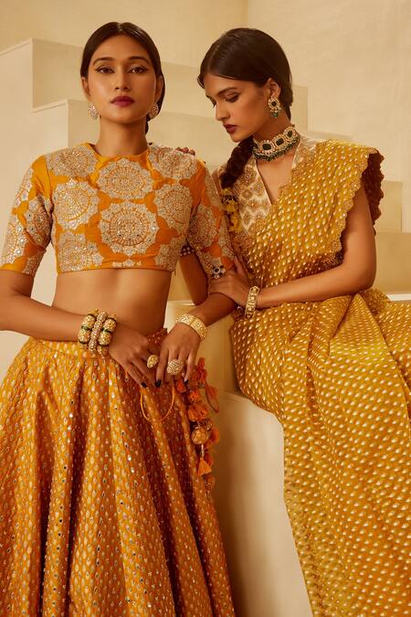 Bhumika Sharma_Yellow Shantoon, Organza Net Floral, Mirror Work, Printed Pre-draped Saree Set_Online_at_Aza_Fashions