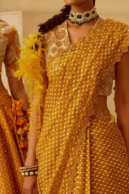 Buy_Bhumika Sharma_Yellow Shantoon, Organza Net Floral, Mirror Work, Printed Pre-draped Saree Set_Online_at_Aza_Fashions