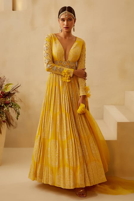 Bhumika Sharma Yellow Georgette Embroidered Floral Plunge Neck Printed Anarkali Set 