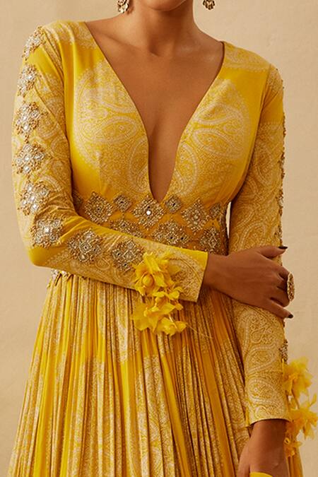 Bhumika Sharma_Yellow Georgette, Shantoon Floral, Geometric Print, Mirror Work, Anarkali Set_Online_at_Aza_Fashions
