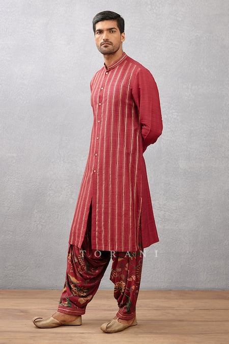 Torani_Red Kurta Viscose Raw , Salwar Cotton Gota, Sanobar Aadeel Work Set _Online_at_Aza_Fashions