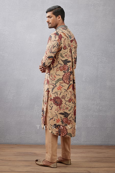 Shop_Torani_Beige Kurta Cotton Silk, Salwar Handwoven Chanderi Chandan Zahir Printed Set _Online_at_Aza_Fashions