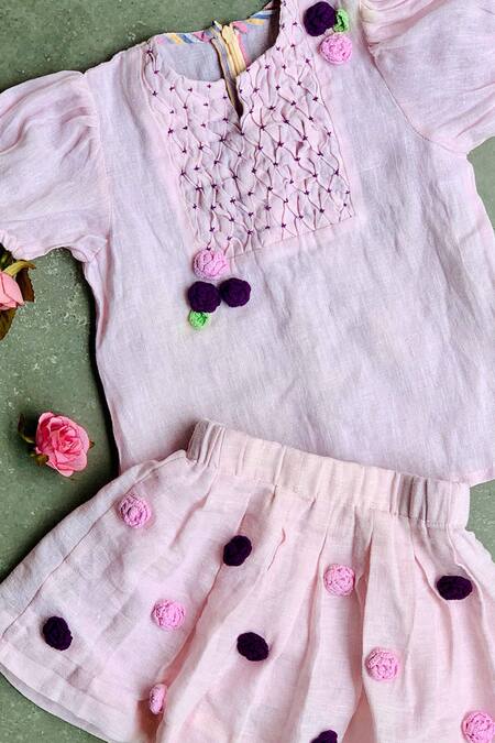 Bagichi_Pink Linen, Cotton Embroidery, Fabric Flowers Top And Skirt Set _Online_at_Aza_Fashions