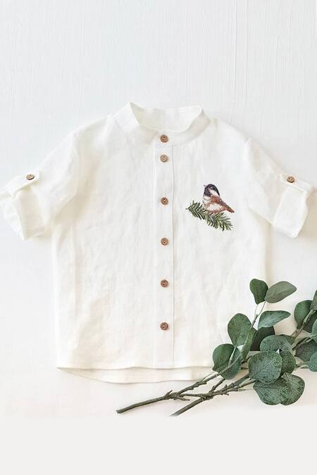 Shop_Bagichi_White Linen, Cotton Embroidery Shirt _at_Aza_Fashions
