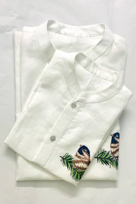 Bagichi_White Linen, Cotton Embroidery Shirt _Online_at_Aza_Fashions
