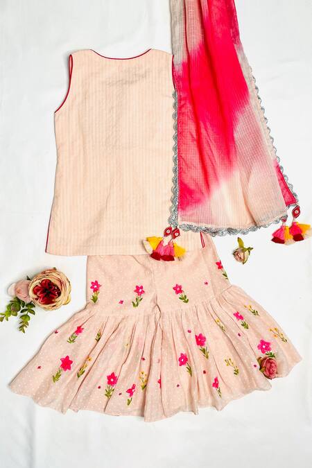 Shop_Bagichi_Pink , Satin Embroidery, Tassels, Lace Kurta And Sharara Pant Set _Online_at_Aza_Fashions