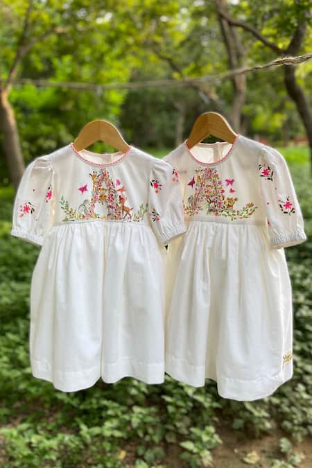 Buy_Bagichi_White Cotton, Twill Hand Painted Dress _Online_at_Aza_Fashions