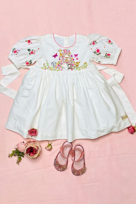 Bagichi_White Cotton, Twill Hand Painted Dress _Online_at_Aza_Fashions