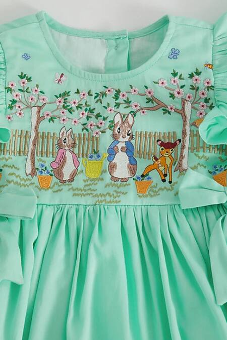 Bagichi_Blue Cotton Satin, Linen Embroidery Dress _Online_at_Aza_Fashions