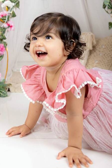 Bagichi_Pink Cotton, Linen Ruffles, Lace Dress _Online_at_Aza_Fashions