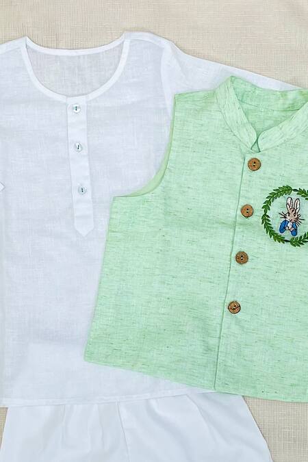 Bagichi_Green Linen, Cotton Embroidery Bundi And White Kurta Set _Online_at_Aza_Fashions