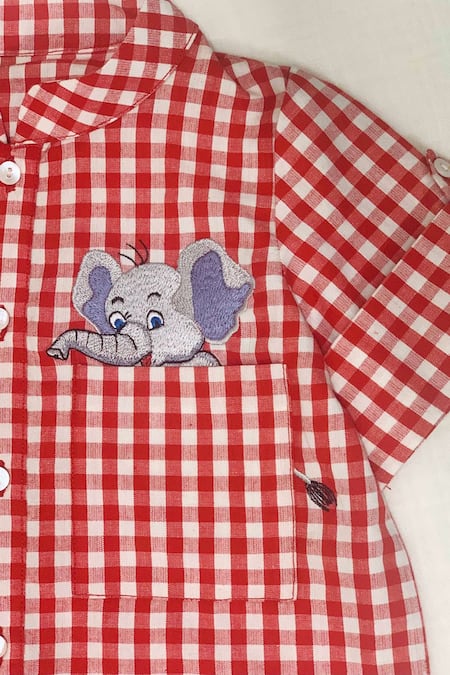 Bagichi_Red Cotton Embroidery Plaid Shirt _Online_at_Aza_Fashions