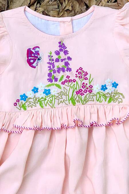 Bagichi_Peach Cotton, Rayon Ruffles Embroidered Dress _Online_at_Aza_Fashions