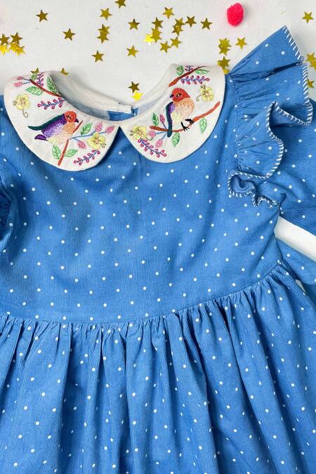 Bagichi_Blue Cotton, Corduroy Embroidery Printed Dress _Online_at_Aza_Fashions