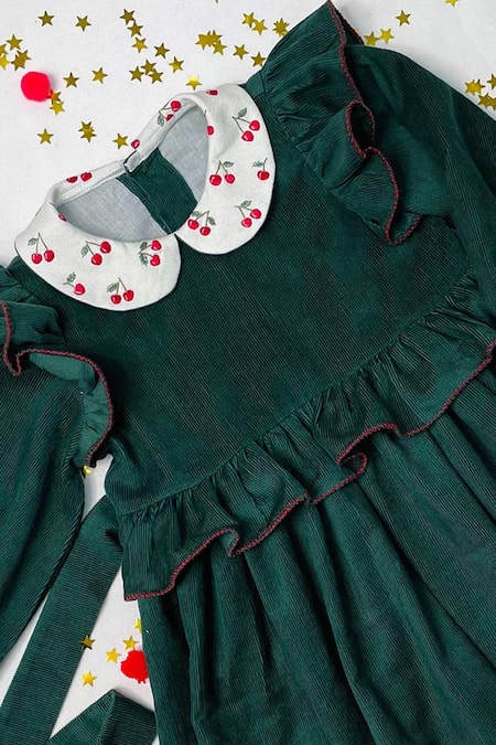 Bagichi_Green Cotton, Corduroy Embroidery Printed Dress _Online_at_Aza_Fashions