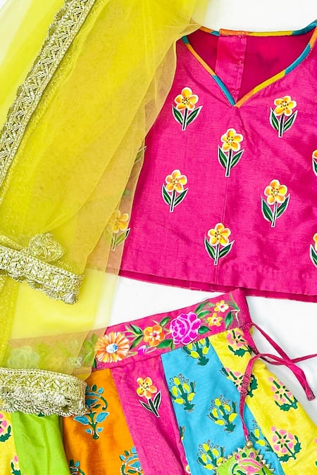 Bagichi_Multi Color Cotton Embroidery, Tassels Chanderi Silk Lehenga Set _Online_at_Aza_Fashions