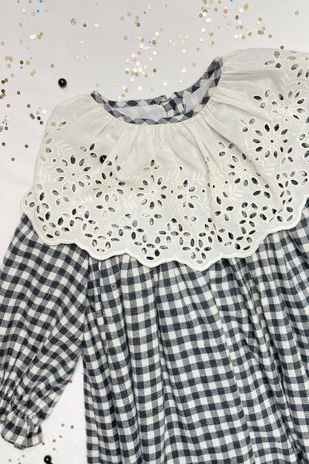 Bagichi_Black Cotton, Flannel Embroidery Checkered Dress _Online_at_Aza_Fashions