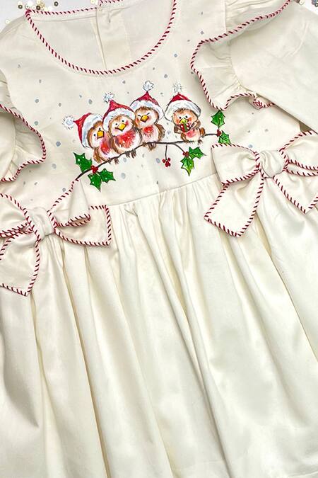 Bagichi_White Cotton Satin Embroidery Hand Painted Dress _Online_at_Aza_Fashions
