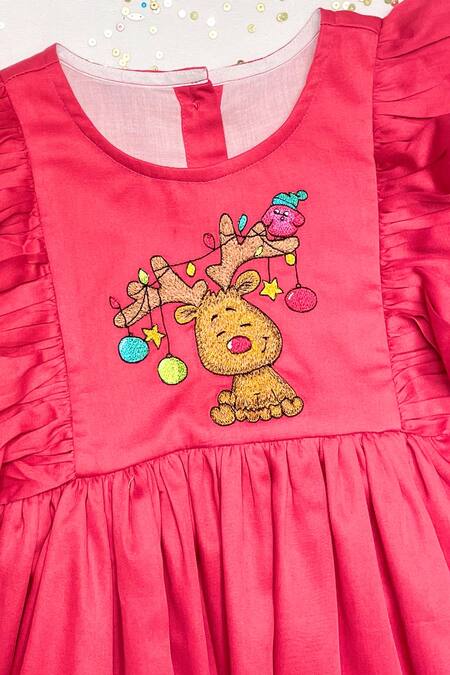 Bagichi_Red Cotton Satin Embroidery Flared Dress _Online_at_Aza_Fashions