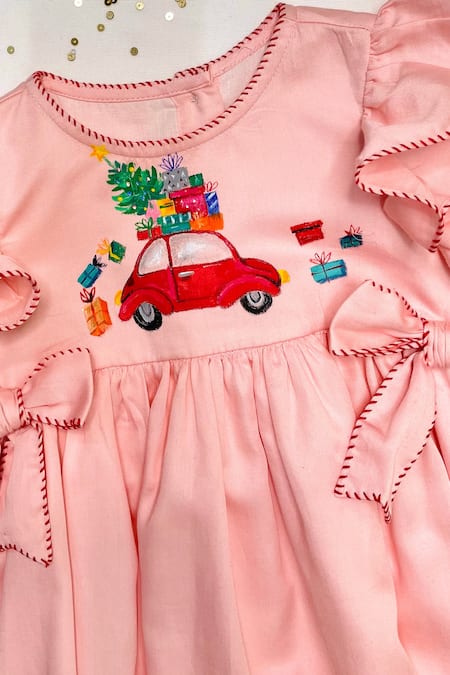 Bagichi_Pink Cotton Satin Embroidery Hand Painted Dress _Online_at_Aza_Fashions