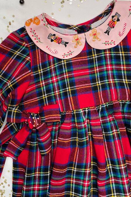 Bagichi_Red Cotton, Flannel Embroidery Checkered Dress _Online_at_Aza_Fashions