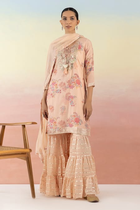 Basanti - Kapde Aur Koffee Peach Cotton Embroidered Floral Notched Print Kurta Sharara Set 