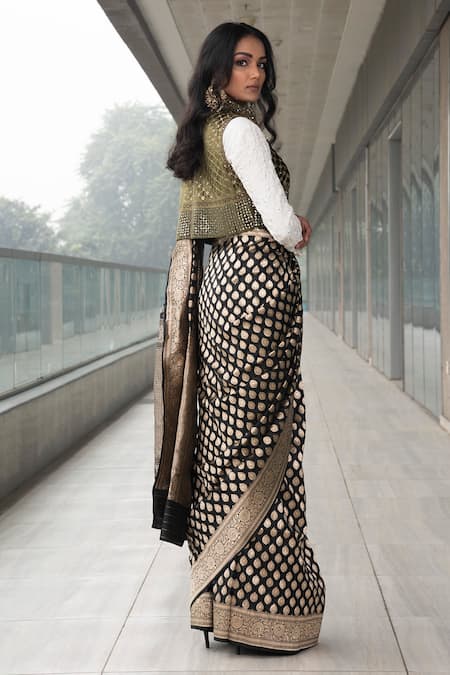 Shop Neha & Tarun Green Saree Pure Katan Silk Round And Velvet Jacket Set at Aza Fashions Shop_Neha & Tarun_Green Saree Pure Katan Silk Round And Velvet Jacket Set _at_Aza_Fashions