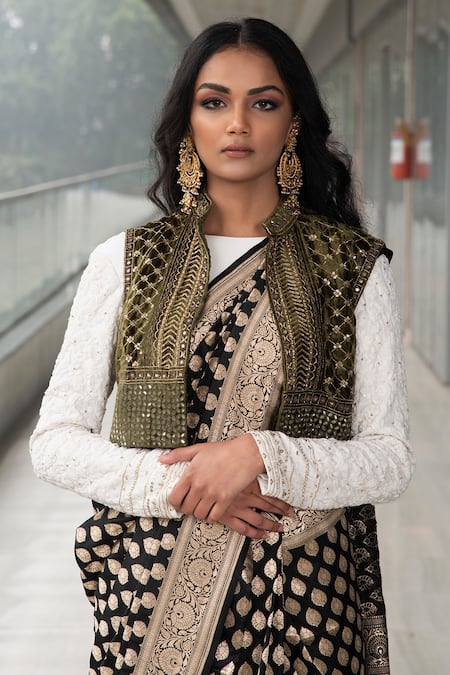 Shop Neha & Tarun Green Saree Pure Katan Silk Round And Velvet Jacket Set Online at Aza Fashions Shop_Neha & Tarun_Green Saree Pure Katan Silk Round And Velvet Jacket Set _Online_at_Aza_Fashions